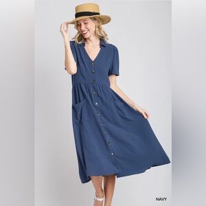 Linen V-Neck Collared Tortoise Shell Button Down Pleated Dress - Front Pockets